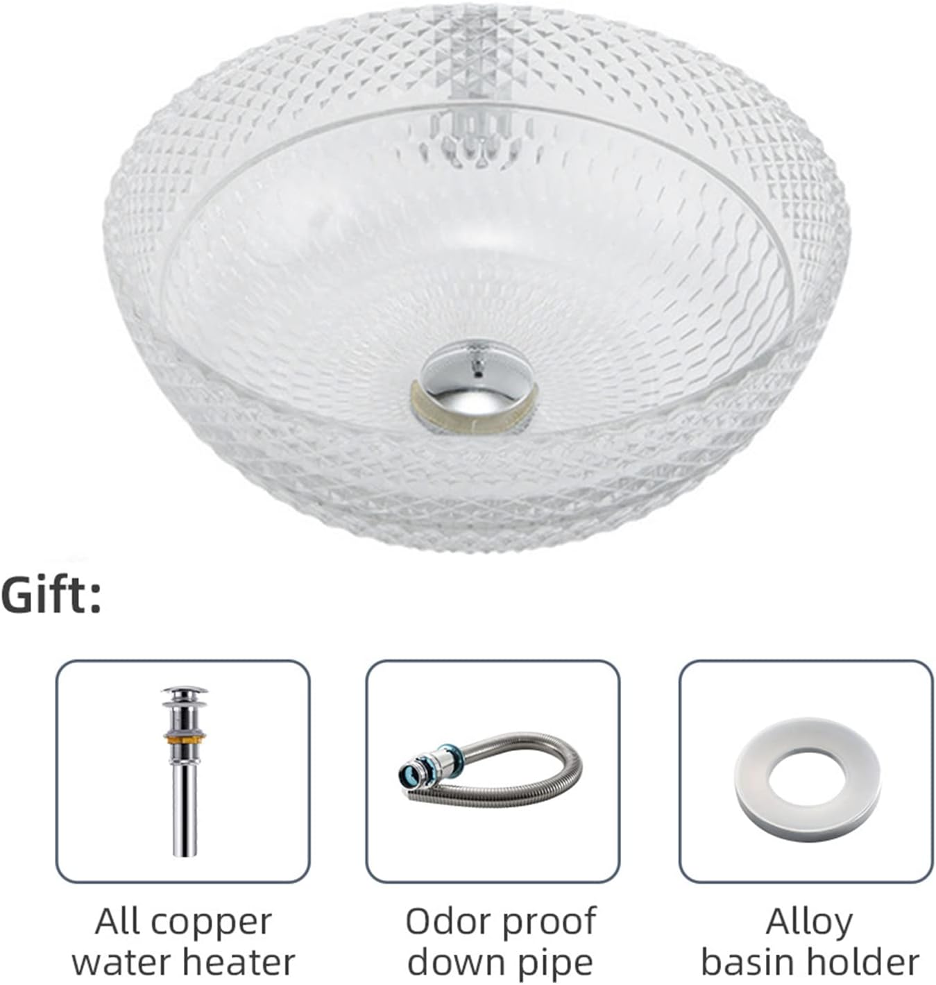 Tempered Glass Vessel Bathroom Vanity Sink Round Bowl, Transparent Above Counter Bathroom Vessel Vanity Sink with Chrome Faucet and Pop-Up Drain Combo,Single Basin Set (Single Basin Set)