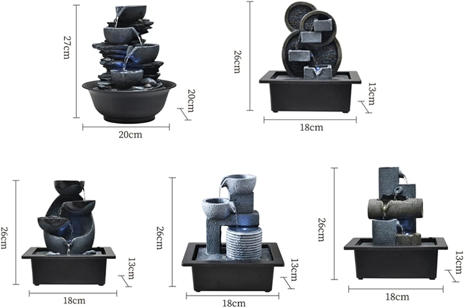 Indoor Fountain Indoor Fountain Tabletop Fountains Multi-Colored LED Lights Perfect Size for Home Office Soothing Cascading Water Sounds Tiered Desktop Features Tabletop cor (Grey)