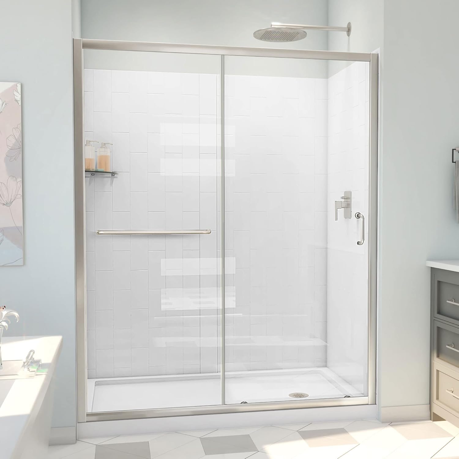 DreamLine Infinity-Z 32 inch D x 60 inch W x 78 3/4 inch H Semi-Frameless Sliding Shower Door in Brushed Nickel and Clear Glass, Right Drain Shower Base, and Wall Kit in White