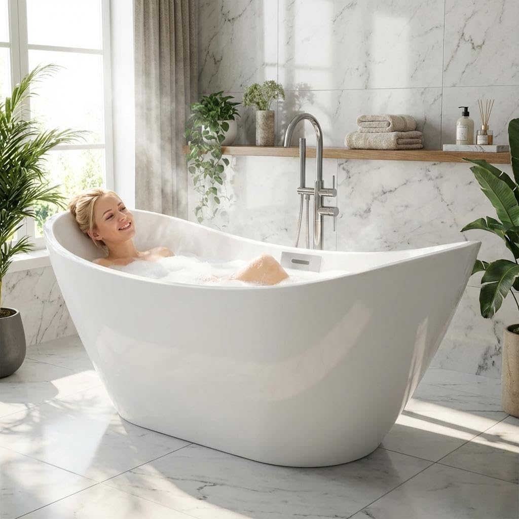 59' Acrylic Freestanding Bathtub, Free Standing Soaking Tub, Freestanding Tub with Overflow and Matte Silver Drain, Modern Bathtub for Bathroom, Hotel, Easy to Install, CUPC Certified, White, SKY-T