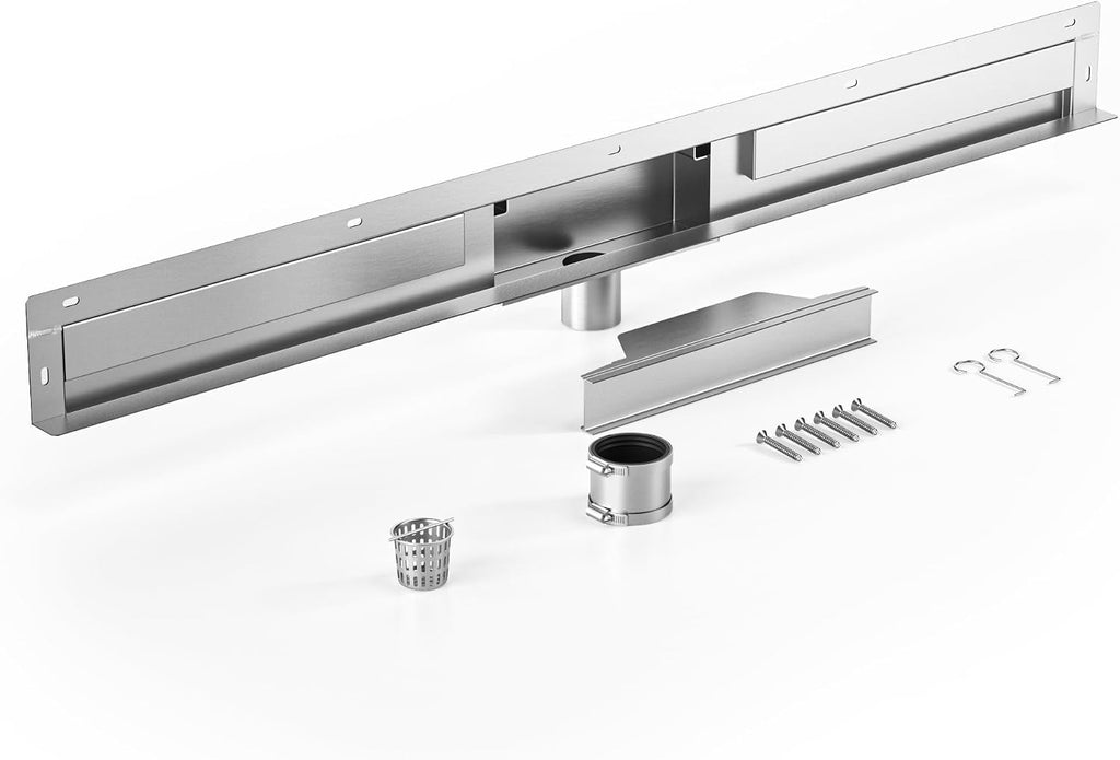 Linear Wall Drain 42'', 304 Stainless Steel Side Drain w/Tiled Grate & Hair Strainer, Brushed Tiled Shower Drain for Bathroom, CUPC Certified