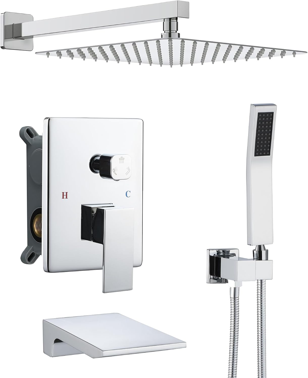 DASAN Tub Shower Faucets Sets Complete Bathtub Shower System with Waterfall Tub Spout, Chrome Bathtub Faucet Set Tub and Shower Faucet Combo Trim Kit with Valve, DA-SS04PC-S10W