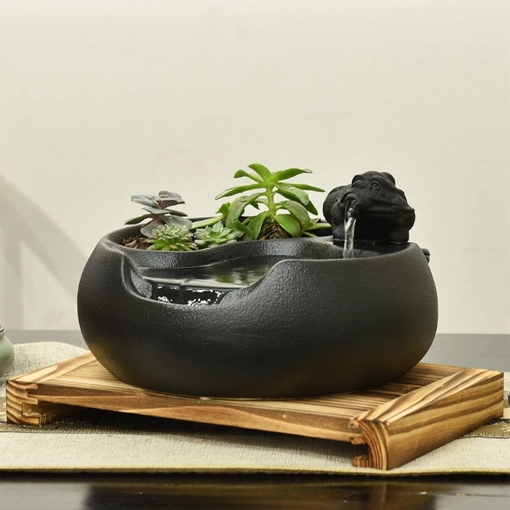 HIHELO Desktop Fountain Ceramic Tabletop Fountain for Indoor and Outdoor Office Patio Black Ceramic Fountain with Pump and Wooden Base Water Fountain Outdoor (Color : B)