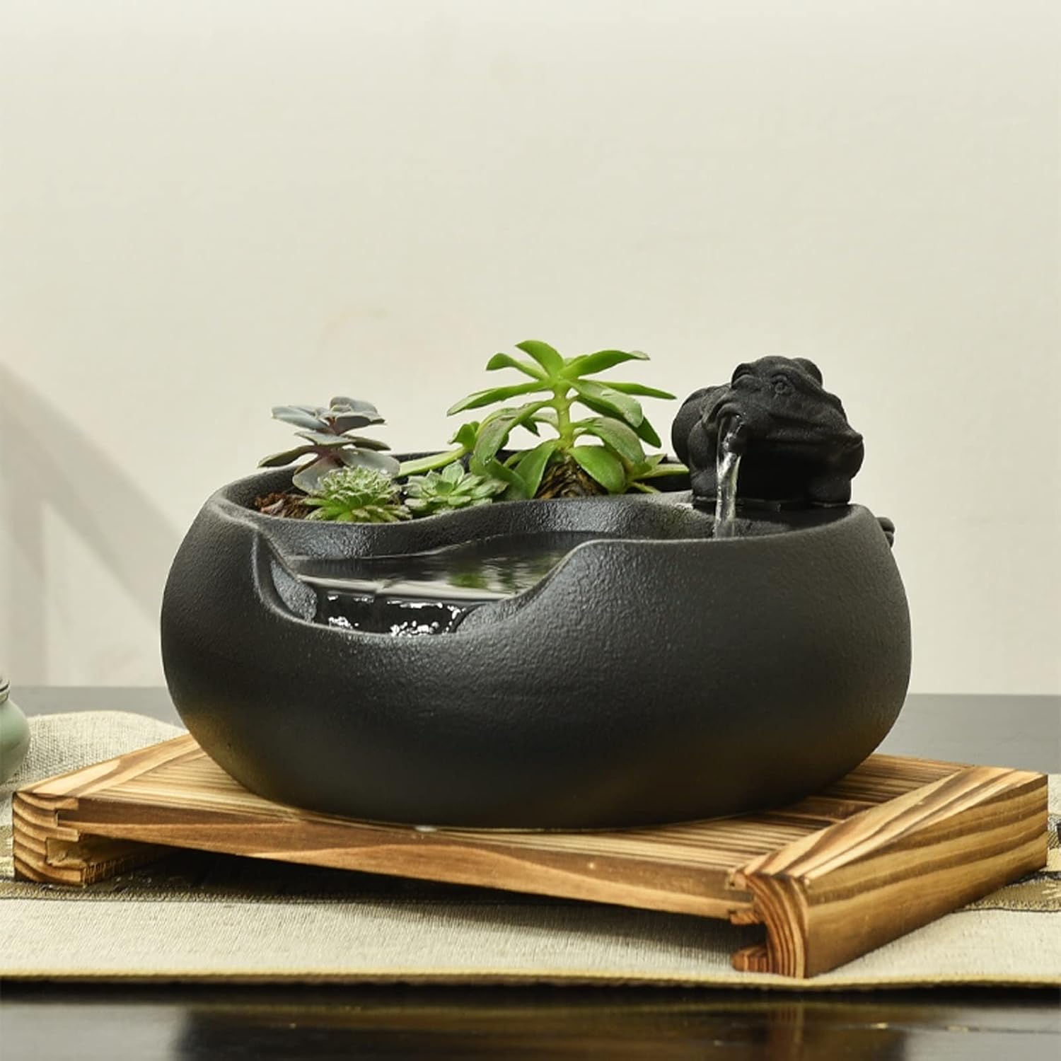 HIHELO Desktop Fountain Ceramic Tabletop Fountain for Indoor and Outdoor Office Patio Black Ceramic Fountain with Pump and Wooden Base Water Fountain Outdoor (Color : B)