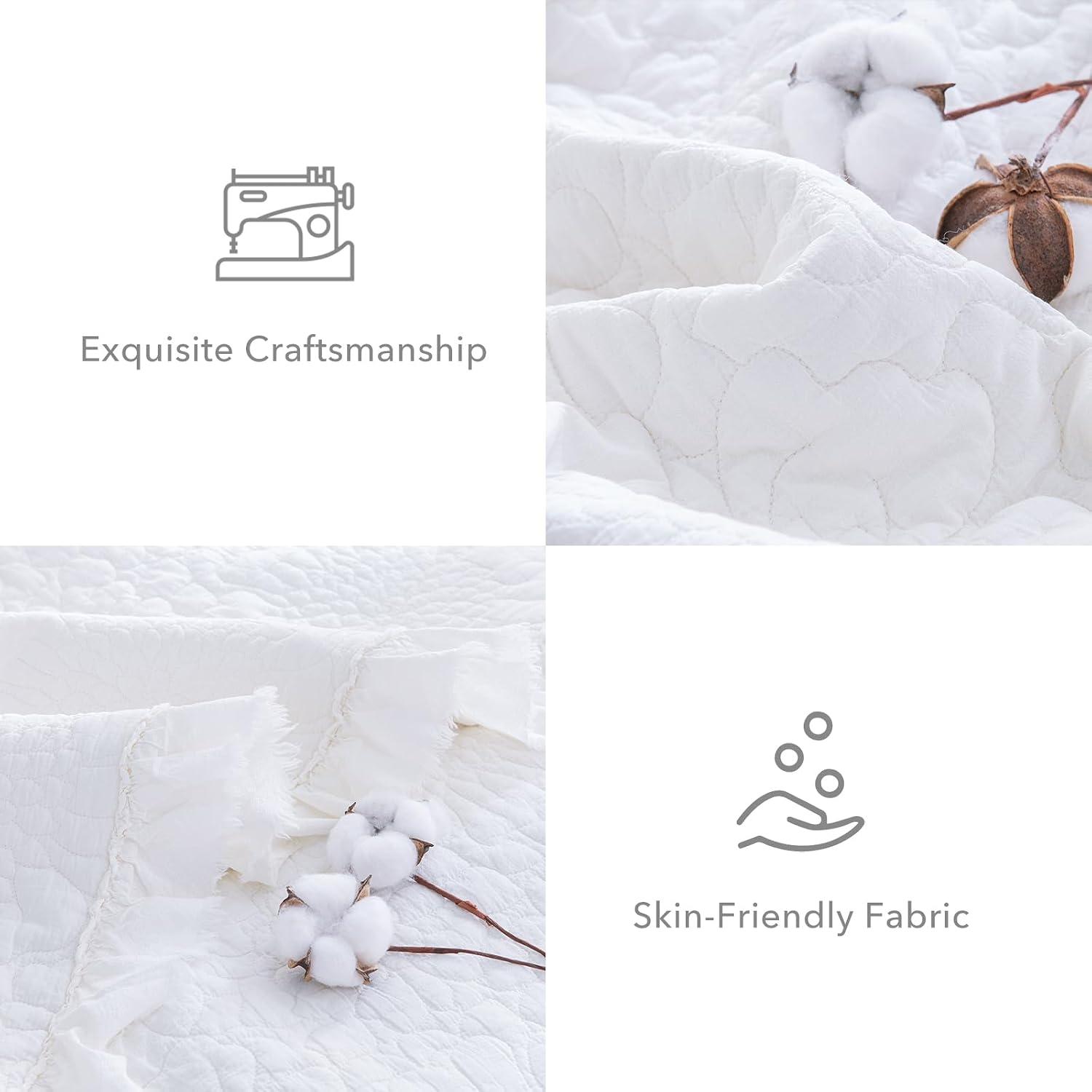 QSH Bright White Stonewashed Cotton Oversized King Quilt Bedspread Set(120'x120'),3PCs Shabby Ruffled Quilt California King,Ultra Soft Lightweight Crinkled Farmhouse Chic Bedspread Coverlet Bed Set