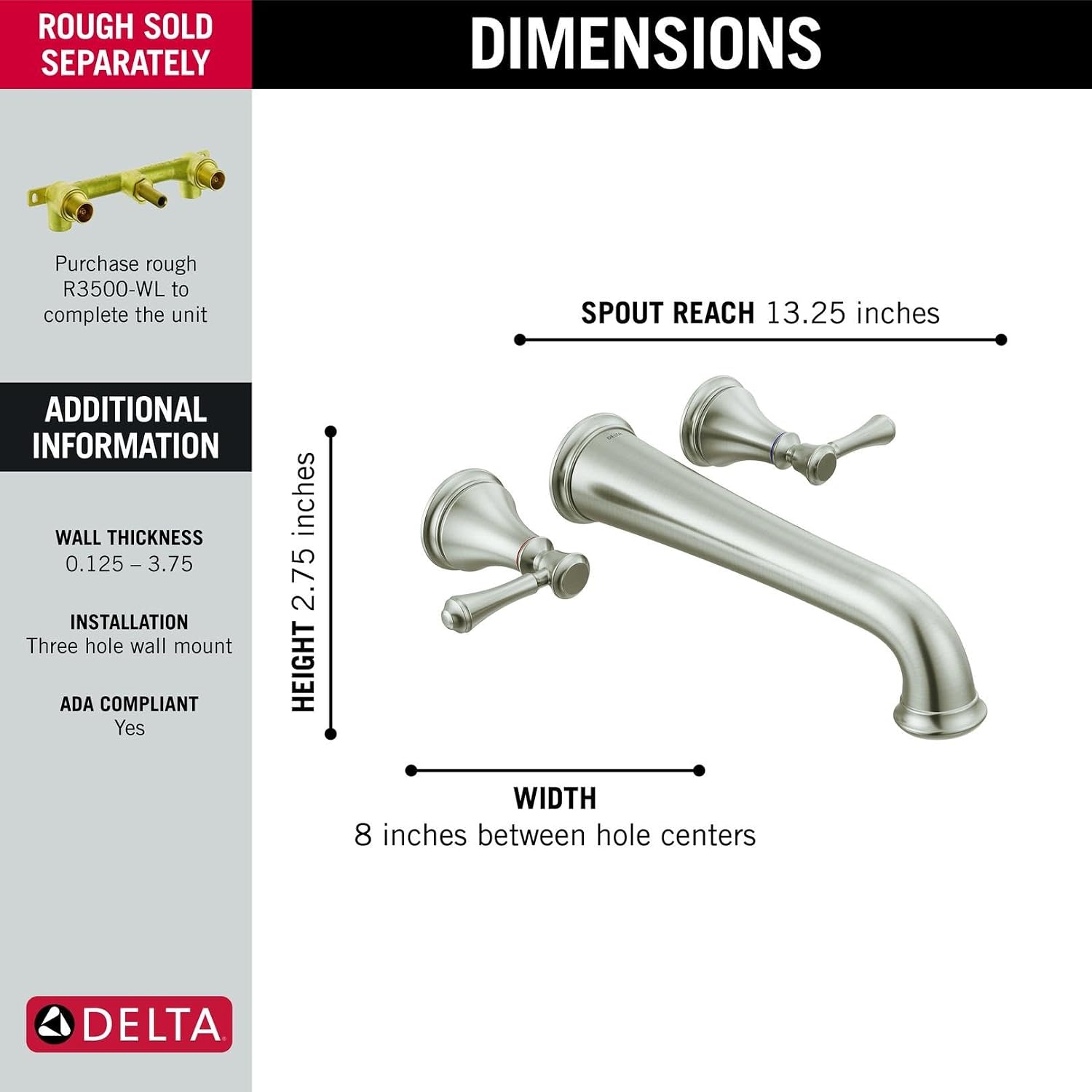Delta Wall Mount Bathroom Faucet 3 Hole, Brushed Nickel Bathroom Sink Faucet for Vanity, Stainless T5797-SSWL (Valve Not Included)