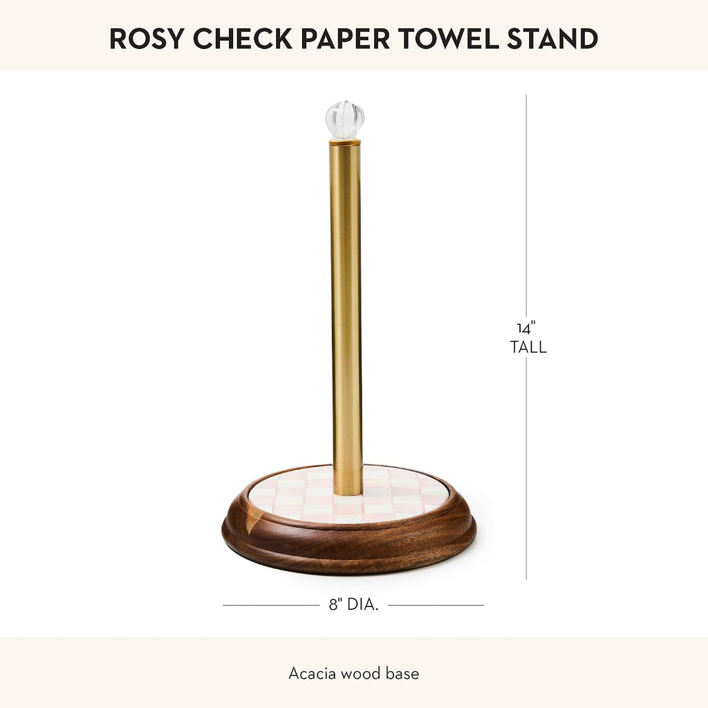 MACKENZIE-CHILDS Wood Paper Towel Holder, Decorative Paper Towel Holder for Kitchen, Pink-and-White Rosy Check