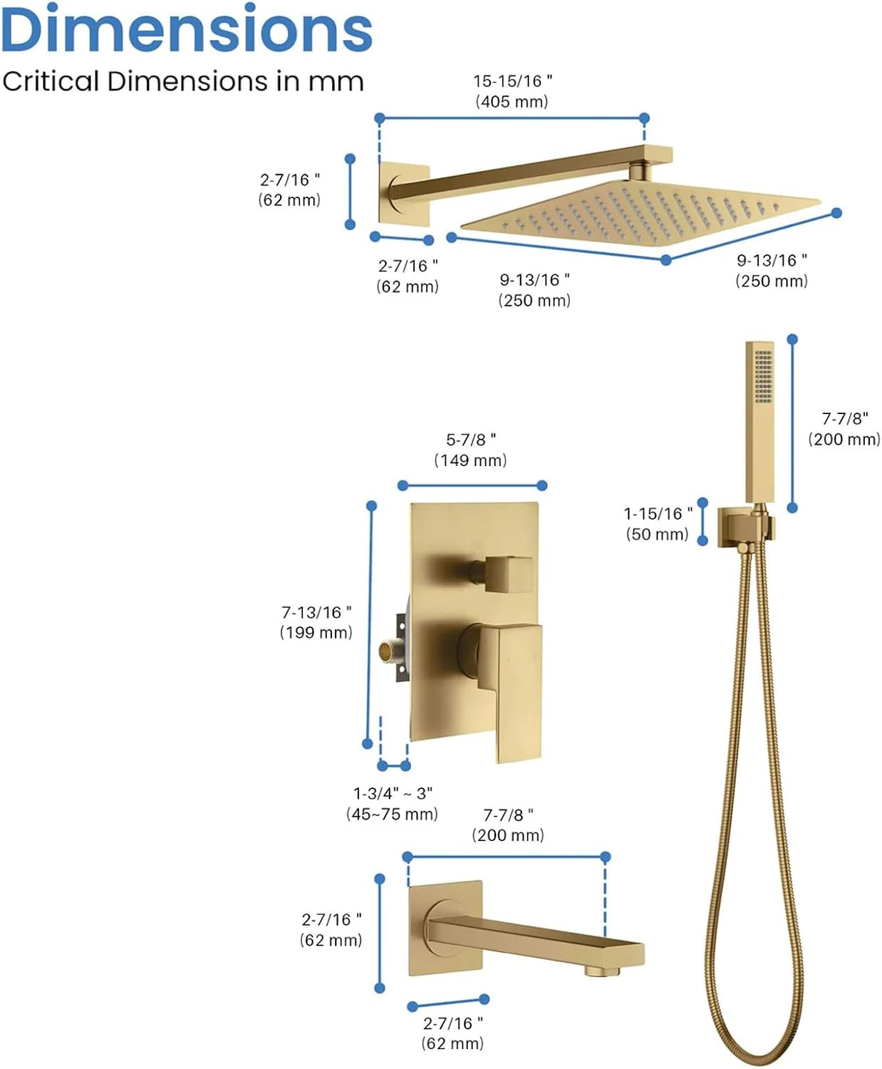 KIBI Cube 3-Function Brushed Brass Wall Mounted Bathroom Shower System | Solid Brass Pressure Balanced Valve Bath Faucet Set | 15-inch Shower Arm | Handheld Waterfall Shower Mode (KSF406)