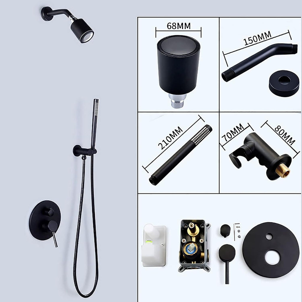 Shower System Round Rainfall Shower Head System with Handheld Combo Set, Wall Mounted Shower Faucet Set Complete with Brass Valve and Trim Kit (Color : Black)