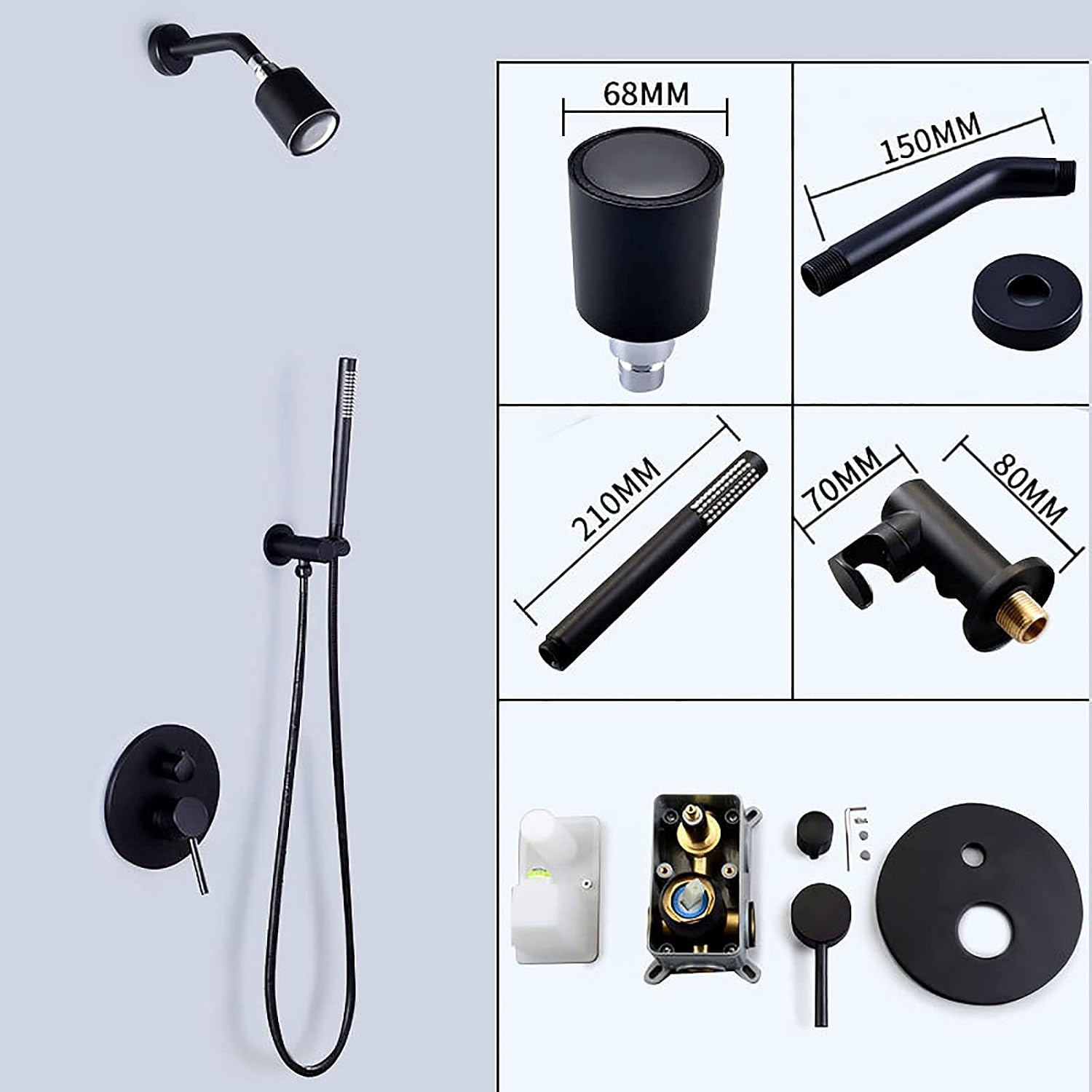 Shower System Round Rainfall Shower Head System with Handheld Combo Set, Wall Mounted Shower Faucet Set Complete with Brass Valve and Trim Kit (Color : Black)