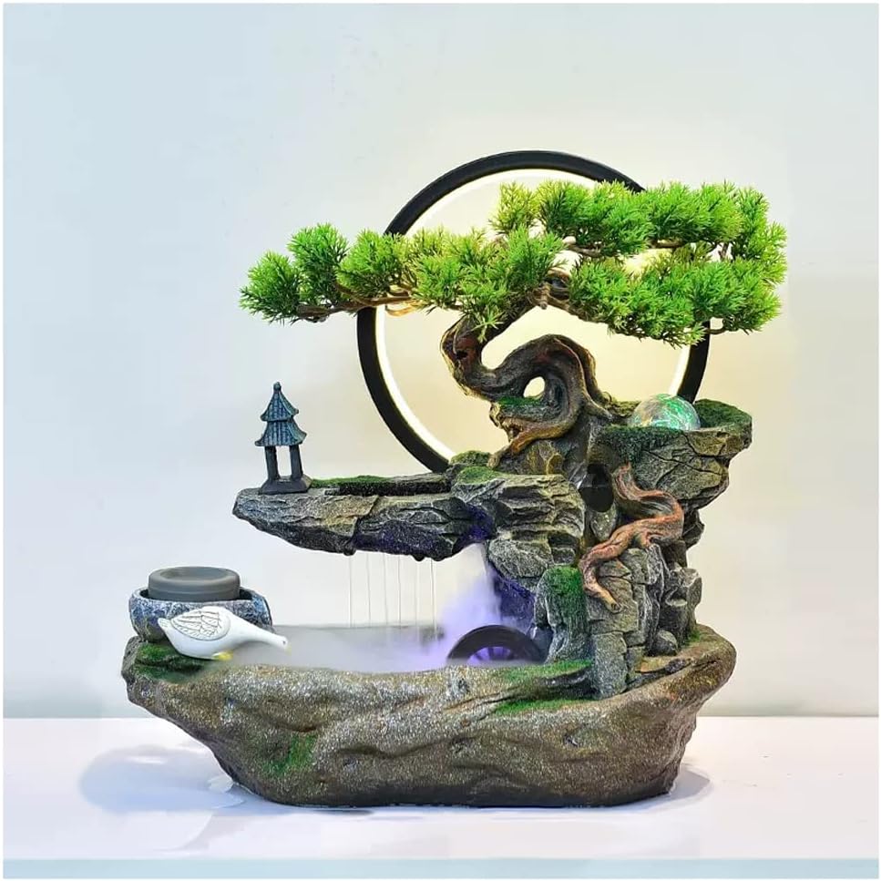 Tabletop Fountain Indoor Tabletop Fountain Indoor Waterfall Fountain Decoration Tabletop Fountain with LED Light Artificial Bonsai Tree Indoor Fountain Tabletop(with Nebulizer)