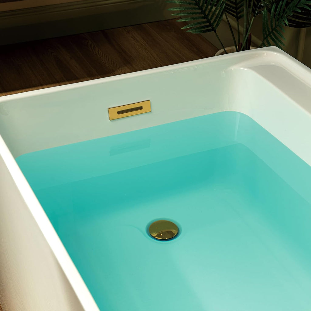 WOODBRIDGE 66-7/8' L x 31-1/2' W Freestanding Contemporary Soaking Bathtub with Brushed Gold Drain & Overflow, White, B6710-BG