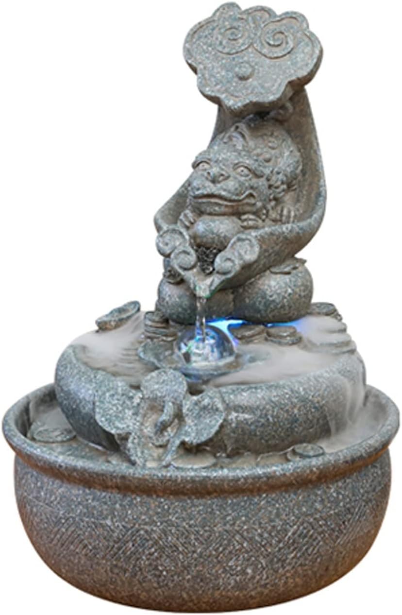 HIHELO Desktop Fountain Resin Tabletop Fountain Waterfall Decoration with LED Lights Portable Tabletop Decoration Zen Meditation Waterfall for Office Living Room Water Fountain Outdoor (Color : A)