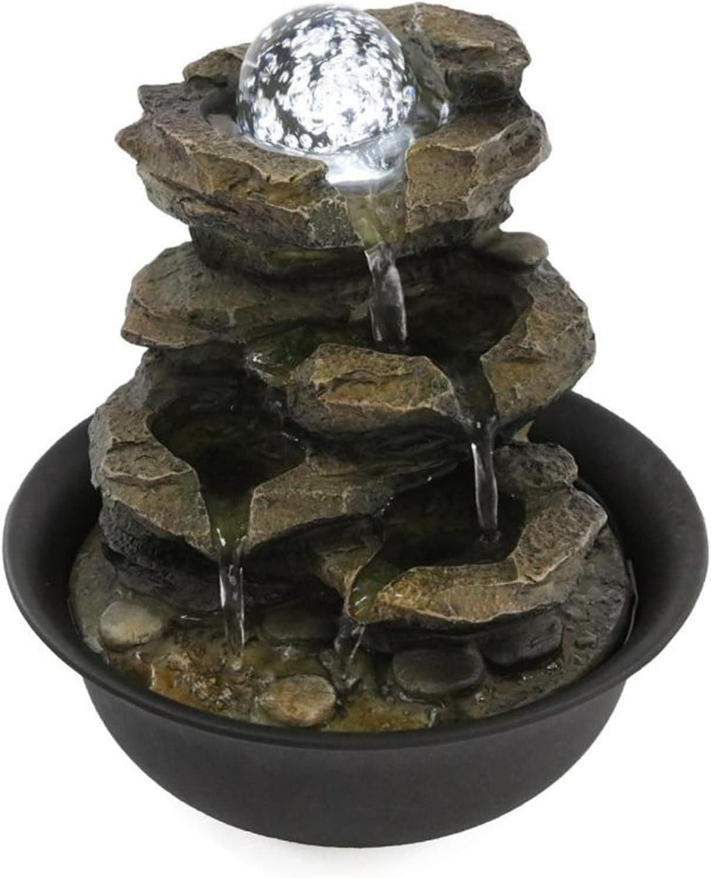 Indoor Water Fountains Desktop Fountain 4 Layers Resin Rock Waterfall Tabletop Fountain with LED Light Office Desk Lucky Decoration Water Fountains Tabletop Waterfall Fountain