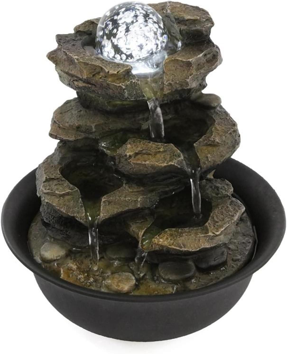 Tabletop Fountain Desktop Fountain 4 Layers Resin Rock Waterfall Tabletop Fountain with LED Light Office Desk Lucky Decoration Water Fountains Tabletop Water Fountain