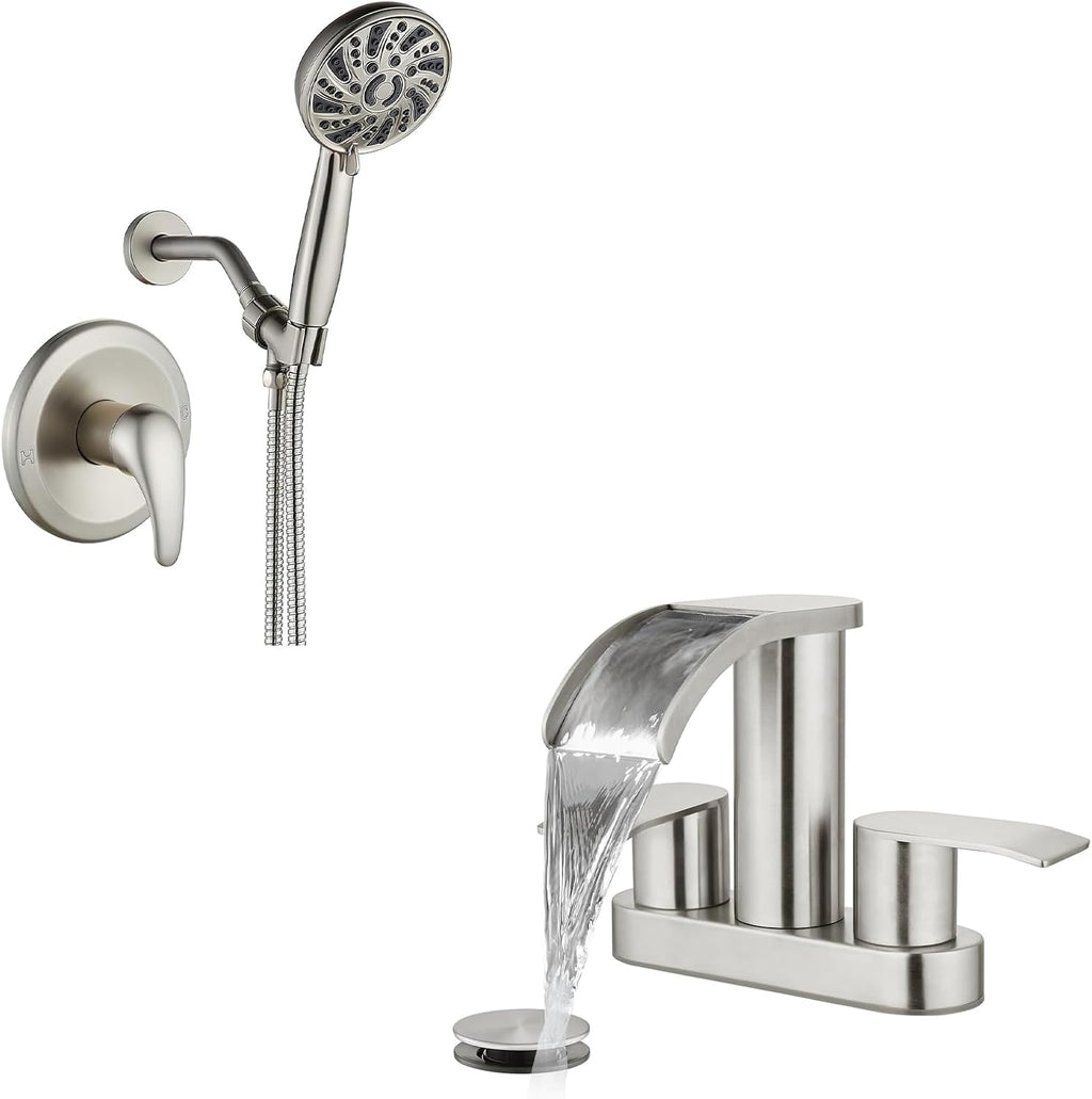 gotonovo Single-Handle Shower Faucet Set Shower Valve and Trim Kit with gotonovo 4 Inch Centerset Waterfall Bathroom Sink Faucet Deck Mount 2 Handle with Pop Up Drain Brushed Nickel