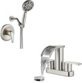 gotonovo Single-Handle Shower Faucet Set Shower Valve and Trim Kit with gotonovo 4 Inch Centerset Waterfall Bathroom Sink Faucet Deck Mount 2 Handle with Pop Up Drain Brushed Nickel