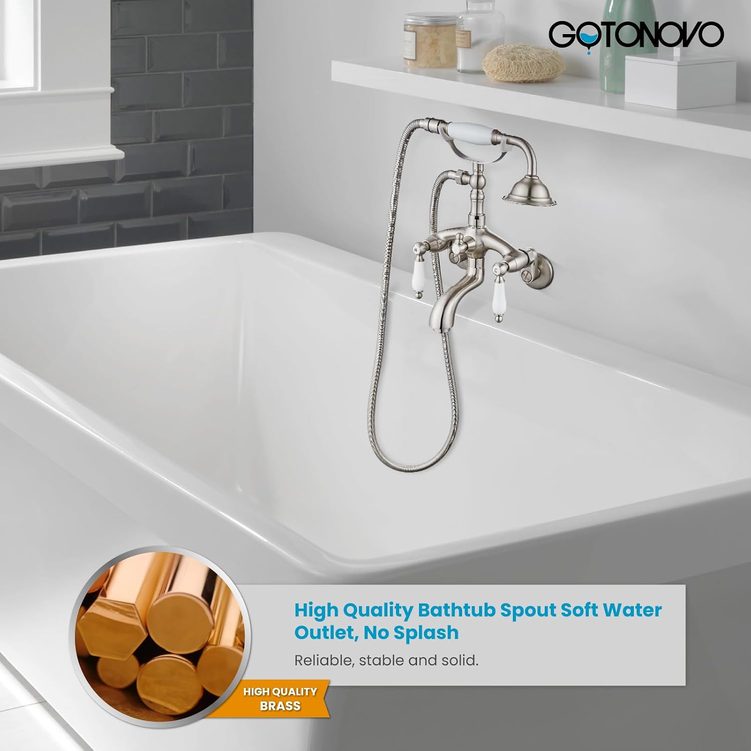 gotonovo Brushed Nickel Clawfoot Tub Faucet Wall Mount with Hand Held Shower Sprayer Bathtub Faucet Set Double Level Handle 6 Inch Center with Adapter Adjustable Swing Arms