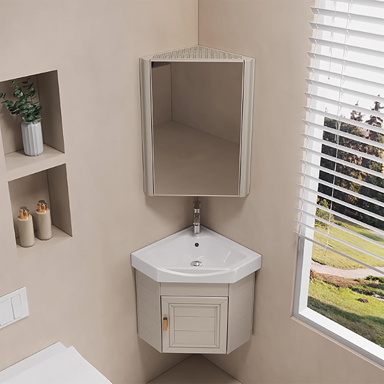 Wall-Mounted Beige Ceramic Sink with Vanity Set Complete Bathroom Fur Including Faucet 38Cm Space-Saving Washbasin & Under-Sink Cabinet for Modern Bathrooms.,