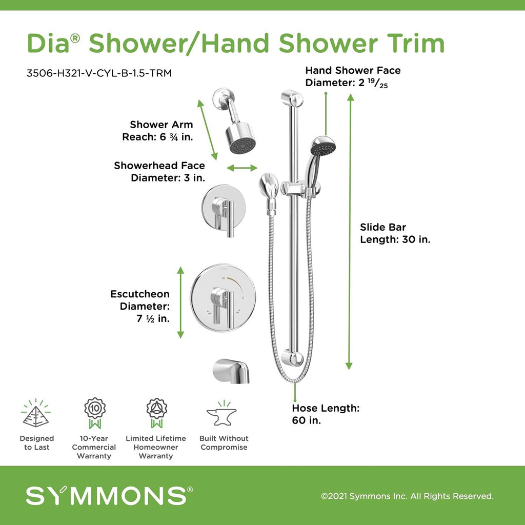 Symmons 3506-H321-V-CYL-B-1.5-TRM Dia 2-Handle Tub and 1-Spray Shower Trim with 1-Spray Hand Shower in Polished Chrome (Valves Not Included)