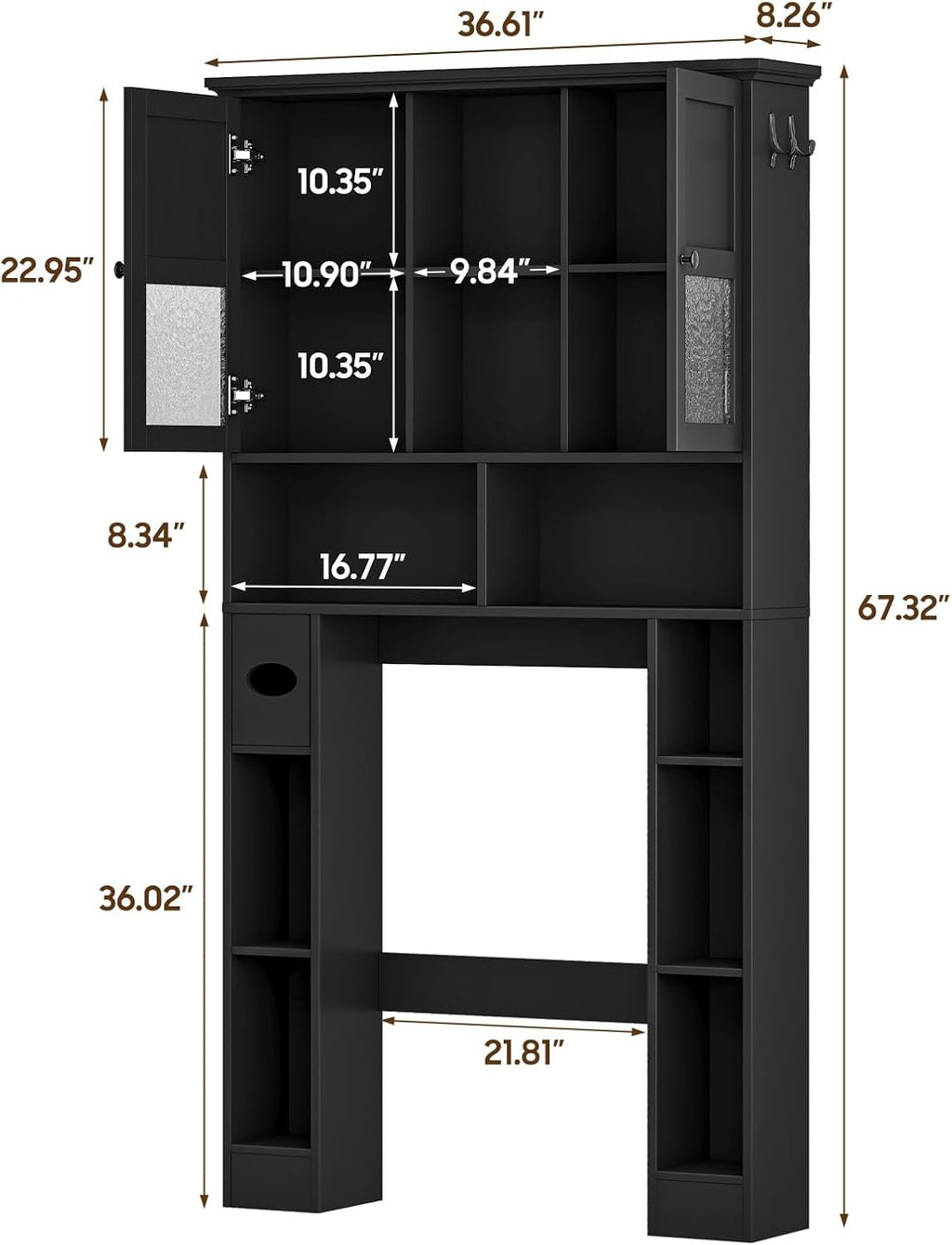 Over The Toilet Storage Cabinet, Bathroom Shelf Over Toilet with Hammered Grain Glass Doors and Adjustable Shelves, Freestanding Home Space Save Toilet Rack for Restroom, Bathroom, Laundry (Black)