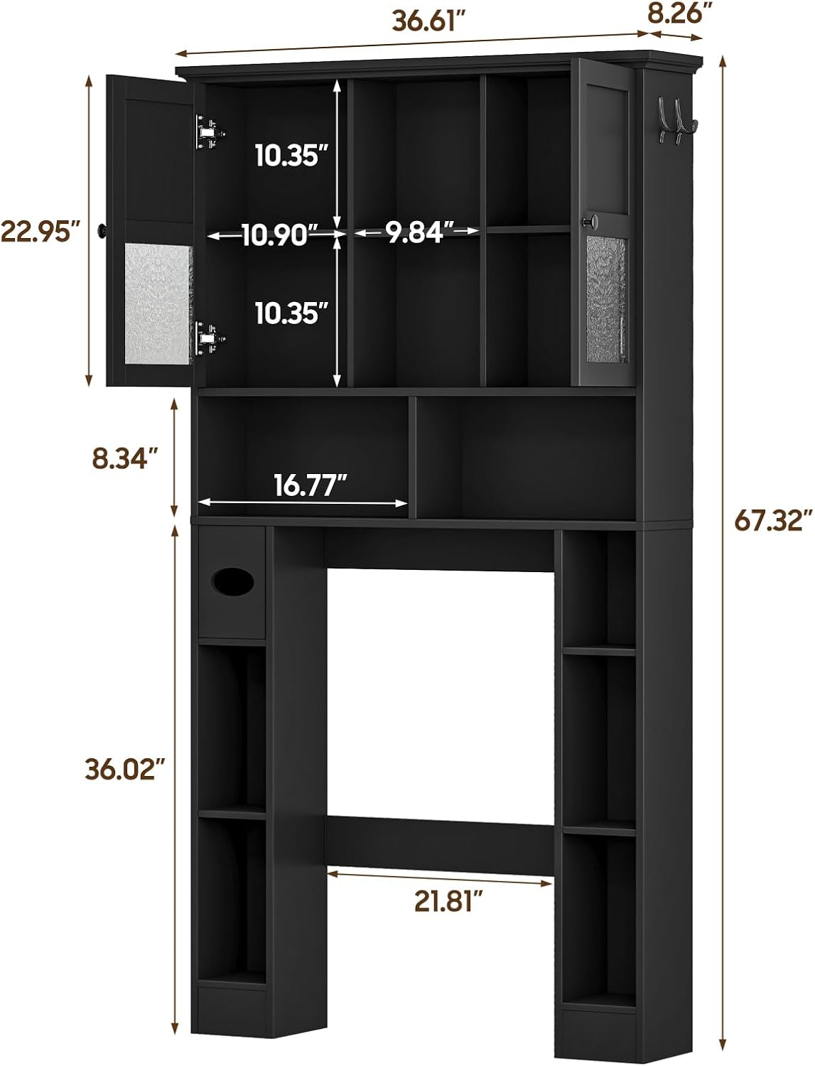 Over The Toilet Storage Cabinet, Bathroom Shelf Over Toilet with Hammered Grain Glass Doors and Adjustable Shelves, Freestanding Home Space Save Toilet Rack for Restroom, Bathroom, Laundry (Black)