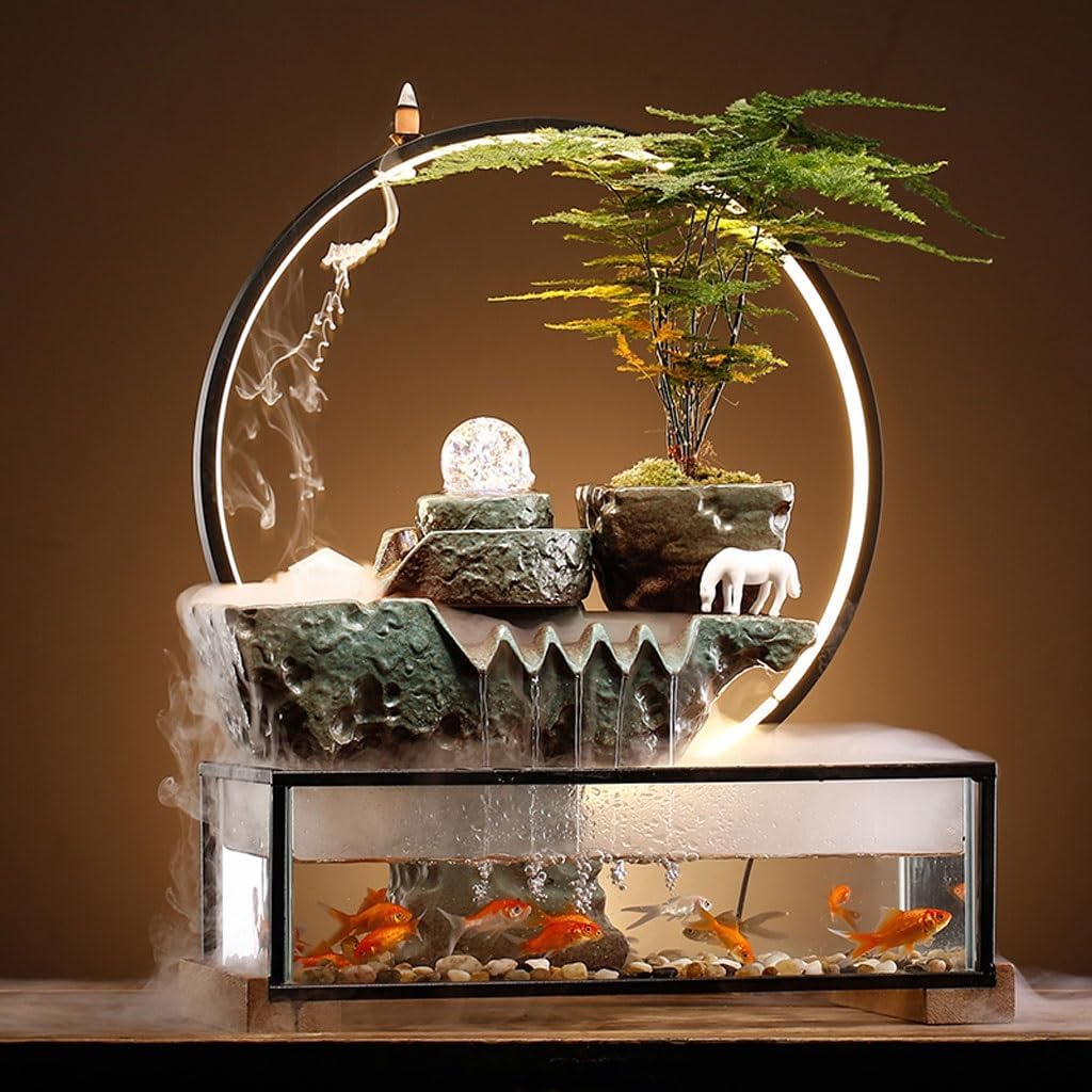 GUERNSEY Tabletop Fountain Creative Fish Tank Ornaments Office Desktop Fountain Living Room Desktop Decorations Tea Room Ceramic Fountain Ornaments Indoor Waterfall Feature Indoor Fountain