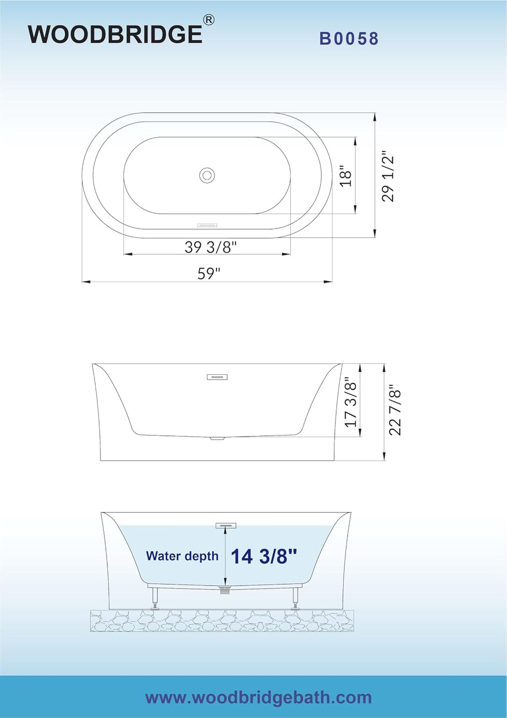 WOODBRIDGE 59' Acrylic Freestanding Bathtub Contemporary Soaking Tub with Brushed Nickel Overflow and Drain,White Tub,B0058-BN