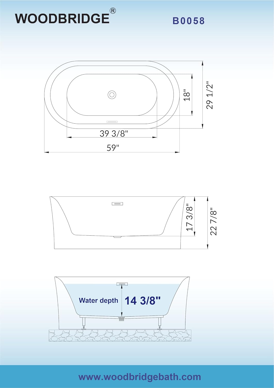 WOODBRIDGE 59' Acrylic Freestanding Bathtub Contemporary Soaking Tub with Brushed Nickel Overflow and Drain,White Tub,B0058-BN