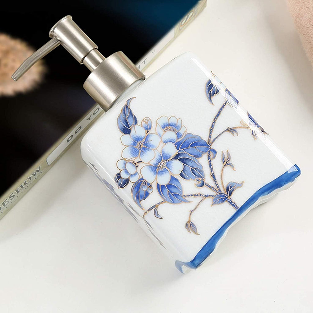 Soap Dispenser Set Chinese Traditional Flowers Ceramic Full Bathroom Accessory Set Blue Flower and Bird Bathroom Kit Bathrooms Sets(5-Piece Set)