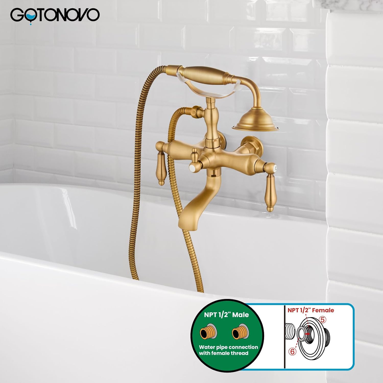 gotonovo 3 3/8 Vintage Bathtub Filler Wall Mount Clawfoot Tub Faucet Shower Kit with Handheld Shower 2-Functions Double Level Handle Modern Telephone Handheld Shower Antique Brass