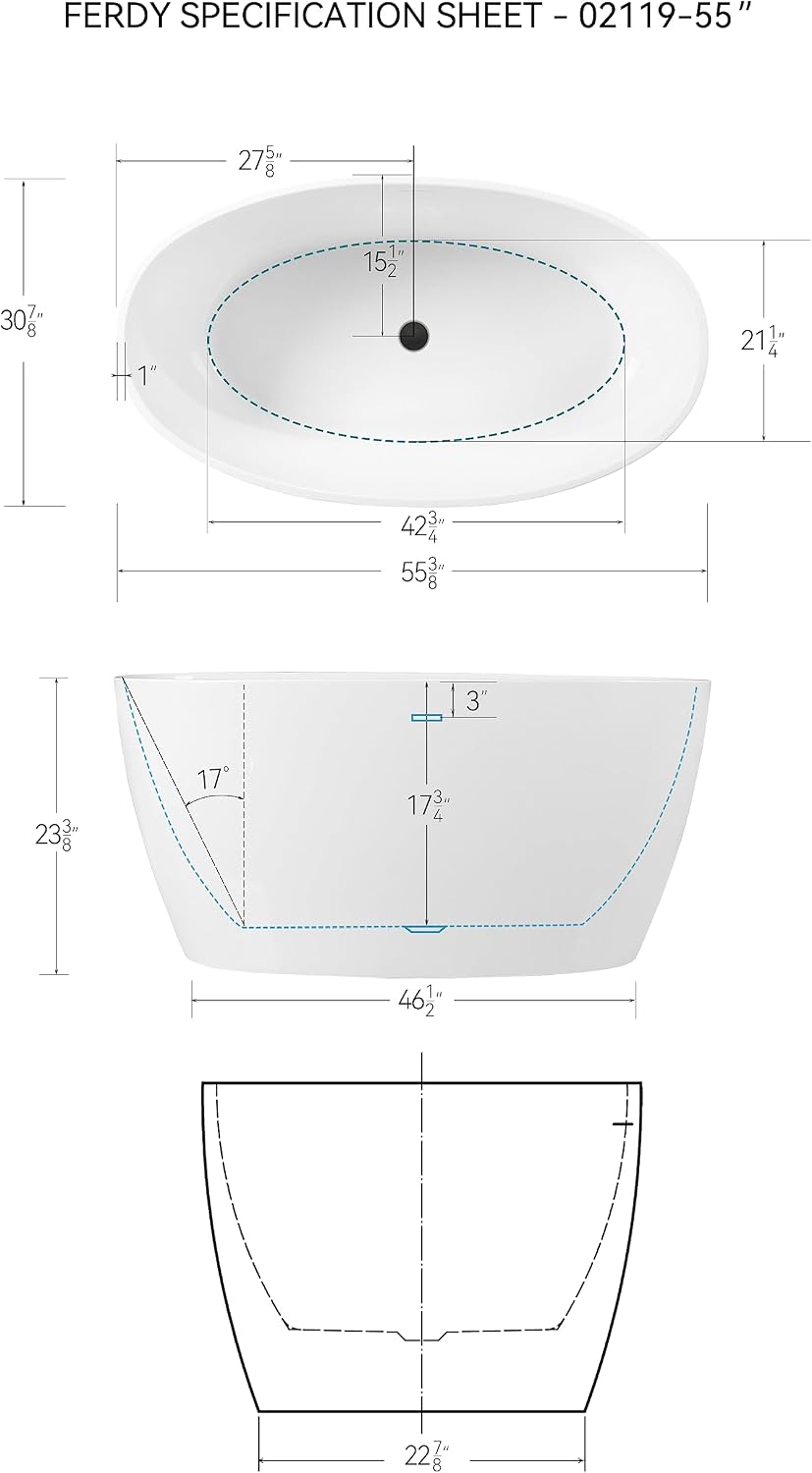 FerdY Tahiti 55' Acrylic Freestanding Bathtub, Elegant Oval Shape Soaking Bathtub, Glossy White, Matte Black Drain & Integrated Slotted Overflow Assembly Included cUPC Certified