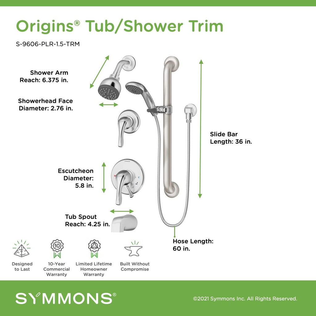 Symmons S-9606-PLR-1.5-TRM Origins 2-Handle Tub and 1-Spray Shower Trim with 1-Spray Hand Shower in Polished Chrome (Valves Not Included)