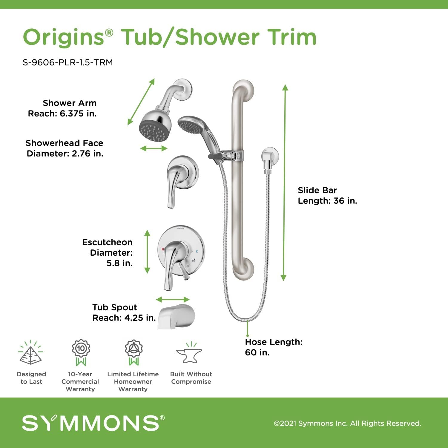 Symmons S-9606-PLR-1.5-TRM Origins 2-Handle Tub and 1-Spray Shower Trim with 1-Spray Hand Shower in Polished Chrome (Valves Not Included)