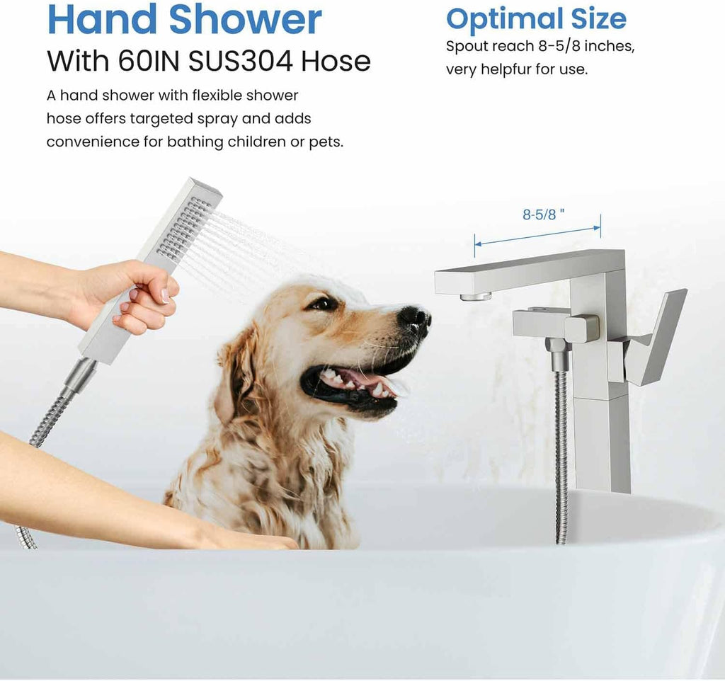 KIBI Cube Brushed Nickel Freestanding Bathtub Faucet ‑ Floor‑Mounted Brass Tub Filler | Single‑Handle Bathroom Faucets with Hand Shower, Ceramic Cartridge & Stainless Steel Hose (KTF302BG)