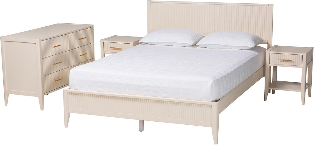 Baxton Studio Primrose Fluted Wood Platform Bed Set, 4-Piece, King, Ivory