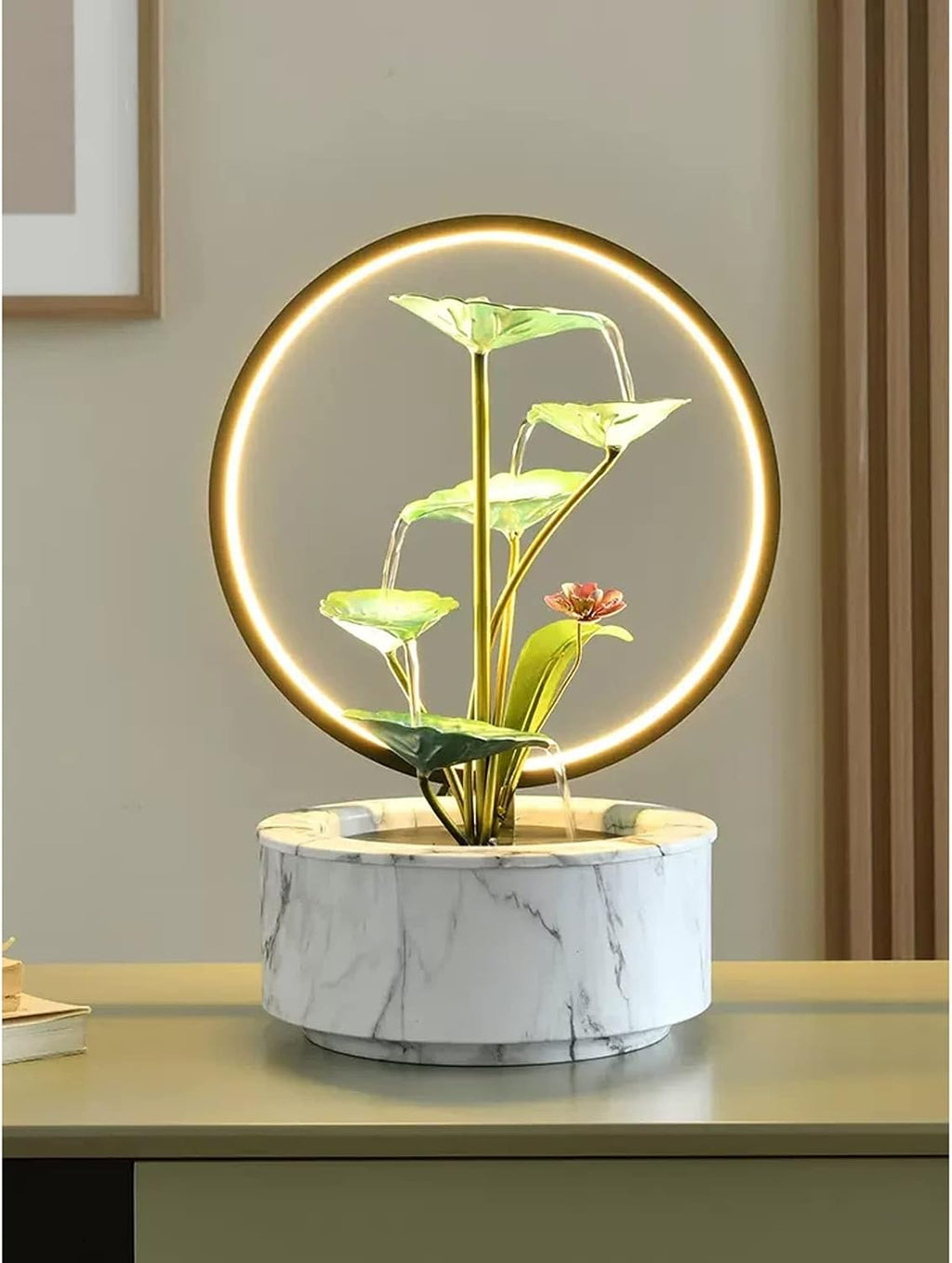 HIHELO Desktop Fountain Indoor Fountain 5 Tiers Lotus Leaf Tabletop Fountain Relaxing Waterfall Room Decoration LED with Round Scene Light Water Fountain Outdoor (Color : White)