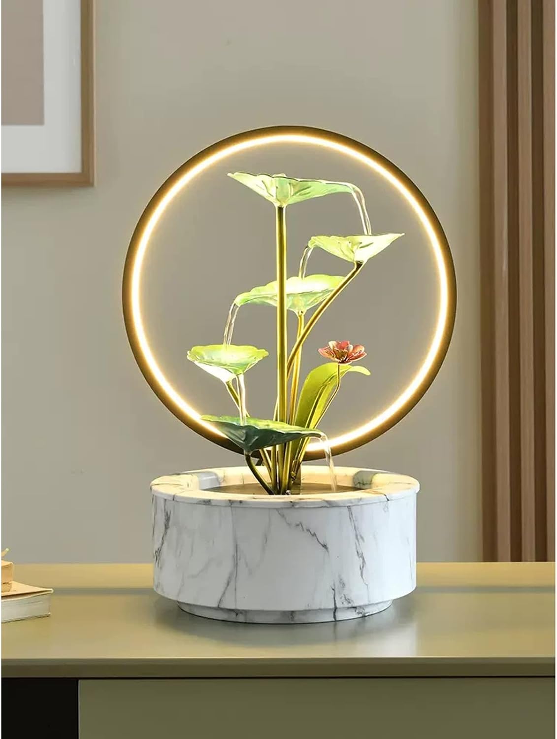 HIHELO Desktop Fountain Indoor Fountain 5 Tiers Lotus Leaf Tabletop Fountain Relaxing Waterfall Room Decoration LED with Round Scene Light Water Fountain Outdoor (Color : White)