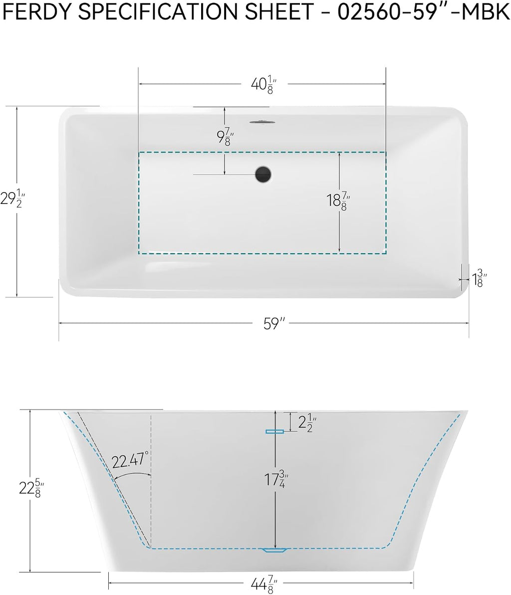 FerdY Sentosa 59' Acrylic Freestanding Bathtub, Contemporary Design Soaking Tub with Matte Black Drain and Minimalist Linear Design Overflow, Easy to Install