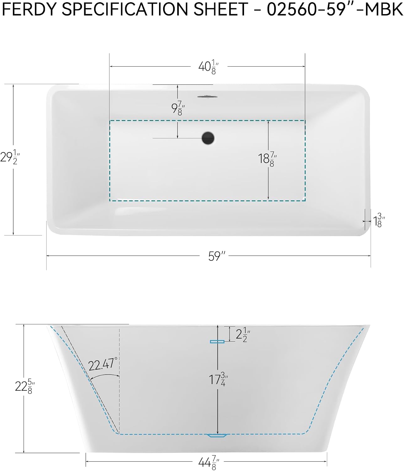 FerdY Sentosa 59' Acrylic Freestanding Bathtub, Contemporary Design Soaking Tub with Matte Black Drain and Minimalist Linear Design Overflow, Easy to Install