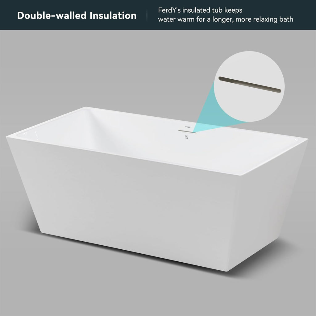 FerdY Palawan 59' Acrylic Freestanding Bathtub, Rectangle Contemporary Design Freestanding Soaking Bathtub, cUPC Certified, Brushed Nickel Drain and Minimalist Linear Design Overflow Included