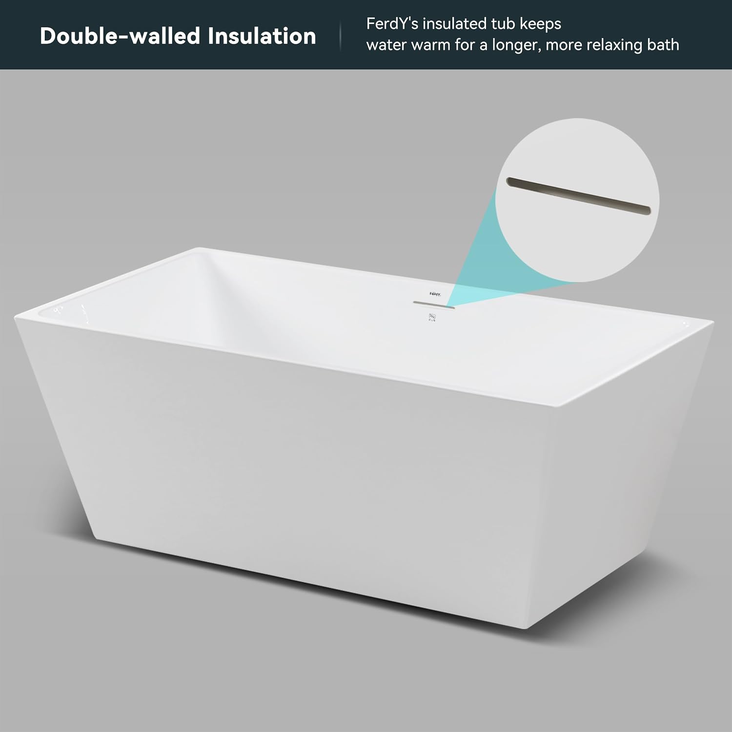FerdY Palawan 59' Acrylic Freestanding Bathtub, Rectangle Contemporary Design Freestanding Soaking Bathtub, cUPC Certified, Brushed Nickel Drain and Minimalist Linear Design Overflow Included