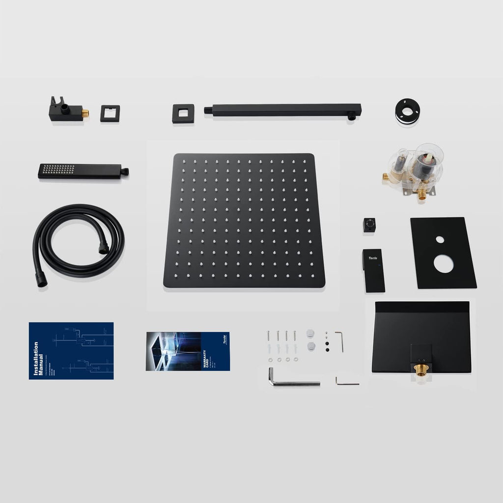 Male NPT Matte Black Shower System, 12 Inch Shower Fixtures Rain Shower Head with Handheld Shower Spray, Wall Mount Shower Faucet Set for Bathroom(Pressure Balance Shower Trim Valve Kit Included)