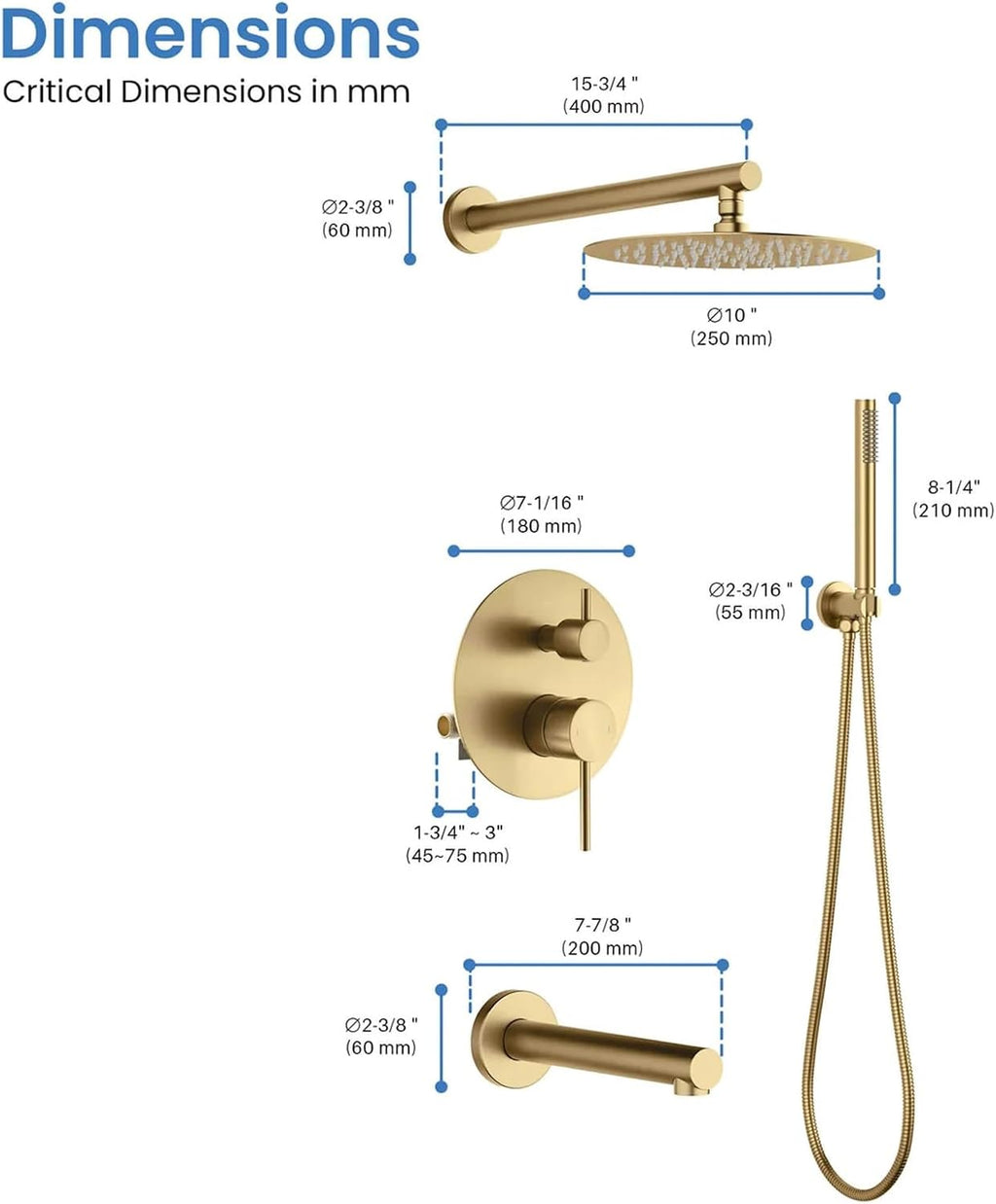 KIBI Circular Bathroom Shower System | 3-Function Wall Mounted Shower Faucet Set with Solid Brass Pressure Balanced Valve | Three Hand Shower Modes | 15-inch Long Shower Arm | Brushed Brass (KSF404)