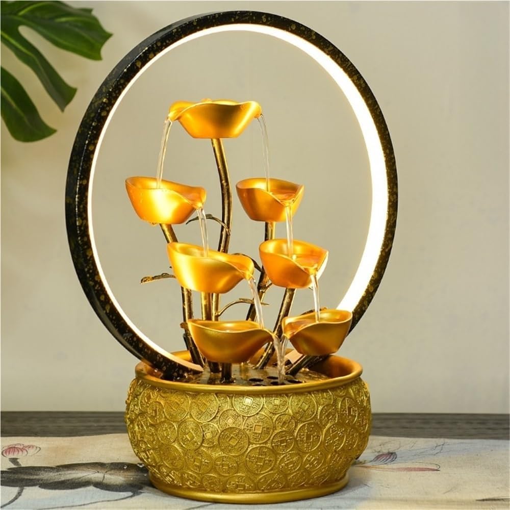 Gold Money Tree Feng Shui Tabletop Fountain with LED Light and Automatic Pump, Wealth Luck Indoor Waterfall Decor, Resin Desktop Water Feature for Home Office Zen Relaxation(Small)
