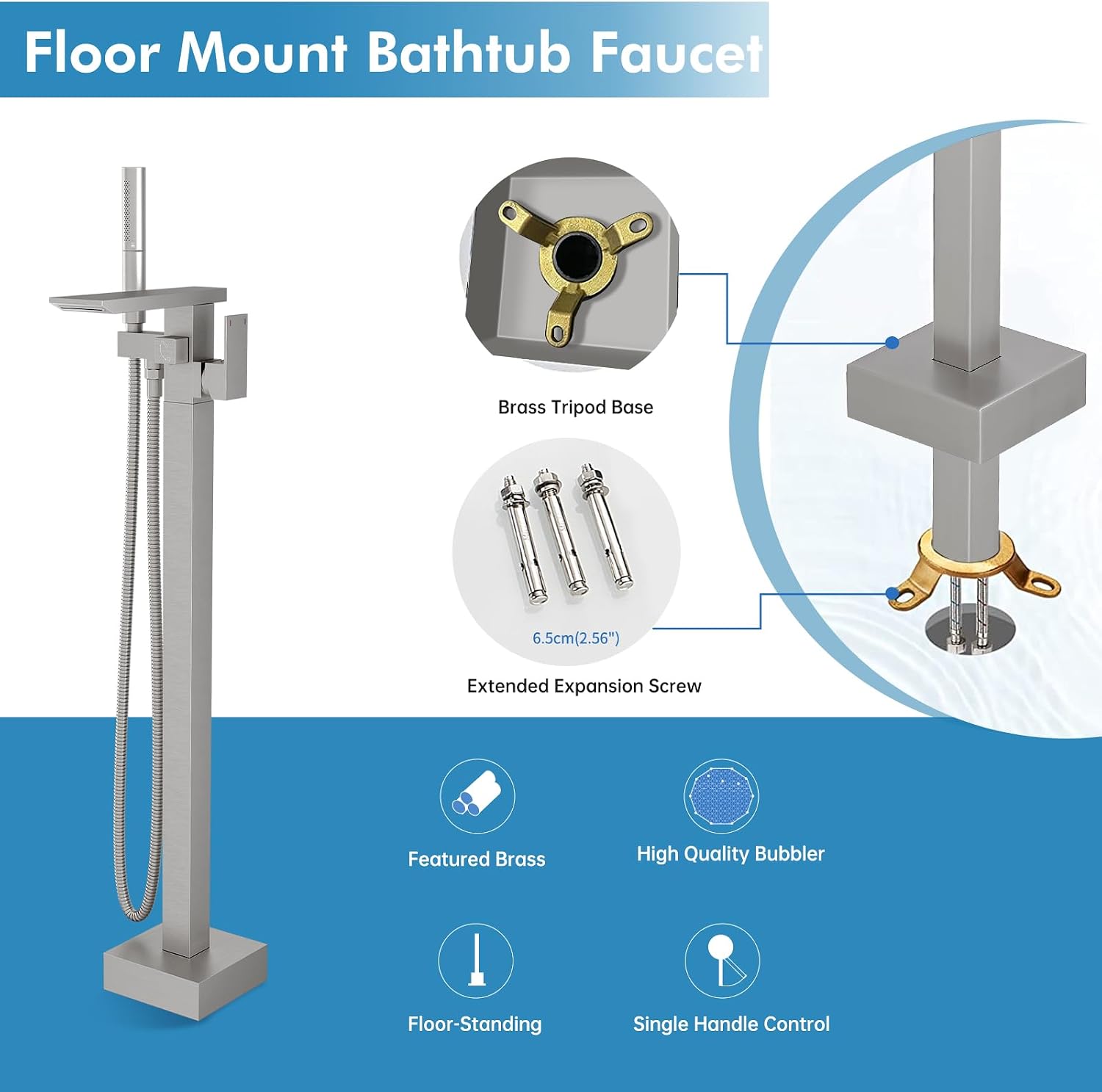 RUMOSE Brushed Nickel Bathtub Filler Freestanding Tub Filler Floor Mount Tub Faucet Waterfall Bathtub Faucet with CUPC Certified High Flow Brass Bath Shower Faucets with Handheld Sprayer