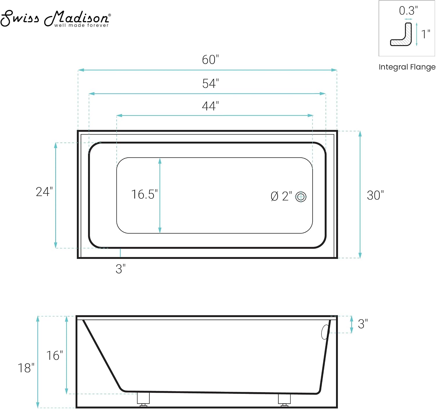 Voltaire 60' x 30' Right Drain Skirted Soaking Bathtub with Apron ADA Height in Glossy White