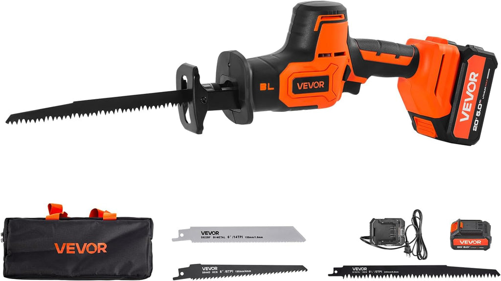 VEVOR Cordless Reciprocating Saw, 20V Brushless Reciprocating Saw with Battery, 3000 SPM Variable Speed, 1' Stroke Length Charger, 8 Blades, and Carrying Bag, for Wood, Metal and Plastic Cutting