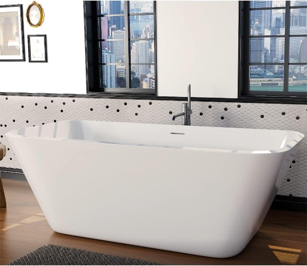 67' Lucite Acrylic Freestanding Bathtub, Trapezoidal Shape Contemporary Soaking Tub with Toe-tap Chrome Center Drain, Slotted Overflow, cUPC Certified, Glossy White