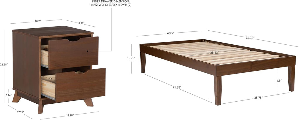 Powell Fordham Walnut Solid Pine Wood Twin Sized Platform Bed and Two Drawer Nightstand